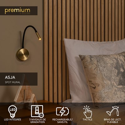 Lucide ASJA - Spot mural / Applique mural Rechargeable - Batterie/Piles - LED 3 StepDim - 1x3W 2700K - Or Mat / Laiton | Premium